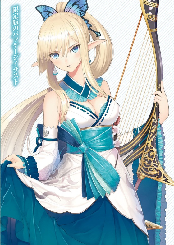 1girl aqua_nails bangs bare_shoulders blonde_hair blue_eyes blue_ribbon bow_(weapon) breasts butterfly_hair_ornament cleavage collar detached_collar detached_sleeves earrings eyebrows_visible_through_hair fingernails frilled_shirt_collar frilled_sleeves frills hair_between_eyes hair_ornament holding holding_skirt holding_weapon japanese_clothes jewelry kirika_towa_alma long_hair looking_at_viewer medium_breasts nail_polish obi official_art parted_lips pointy_ears ponytail ribbon sash shining_(series) shining_resonance shiny shiny_hair shiny_skin sidelocks simple_background smile solo strapless tanaka_takayuki weapon white_background wide_sleeves