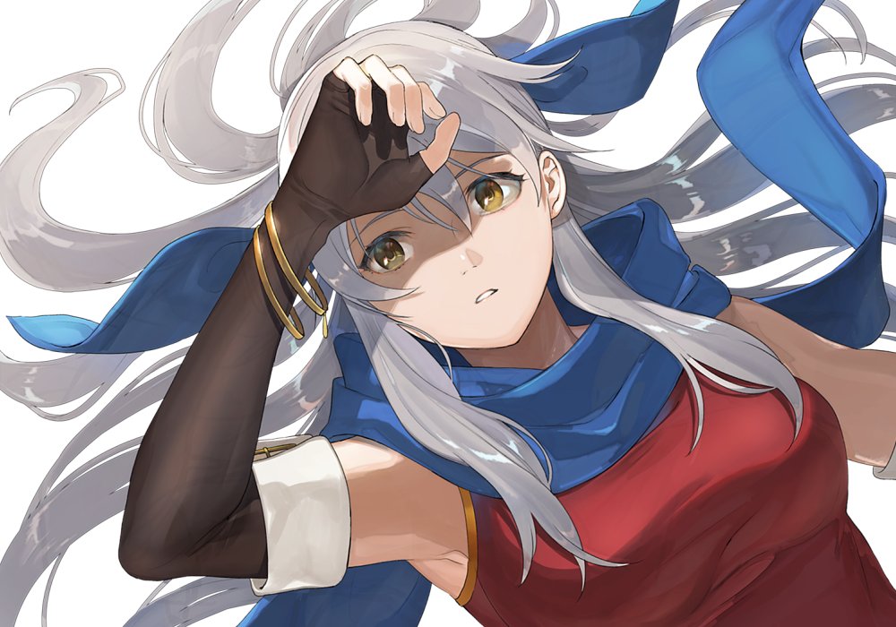 1girl arm_up bangle bangs bare_shoulders black_gloves blue_scarf bracelet commentary_request dress elbow_gloves fingerless_gloves fire_emblem fire_emblem:_akatsuki_no_megami fire_emblem_heroes gloves hair_between_eyes hair_ribbon half_updo jewelry kyufe long_hair micaiah nintendo parted_lips ribbon scarf silver_hair sleeveless sleeveless_dress yellow_eyes