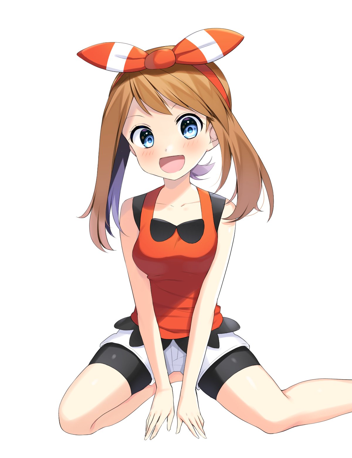 1girl :d between_legs bike_shorts black_shorts blue_eyes blush bow breasts brown_hair collarbone creatures_(company) game_freak hair_bow hairband hand_between_legs haruka_(pokemon) highres long_hair looking_at_viewer medium_breasts nintendo open_mouth pokemon pokemon_(game) pokemon_oras red_hairband red_shirt shiny shiny_clothes shirt short_shorts shorts shorts_under_shorts simple_background sitting sleeveless sleeveless_shirt smile solo striped striped_bow white_background white_shorts yuihiko