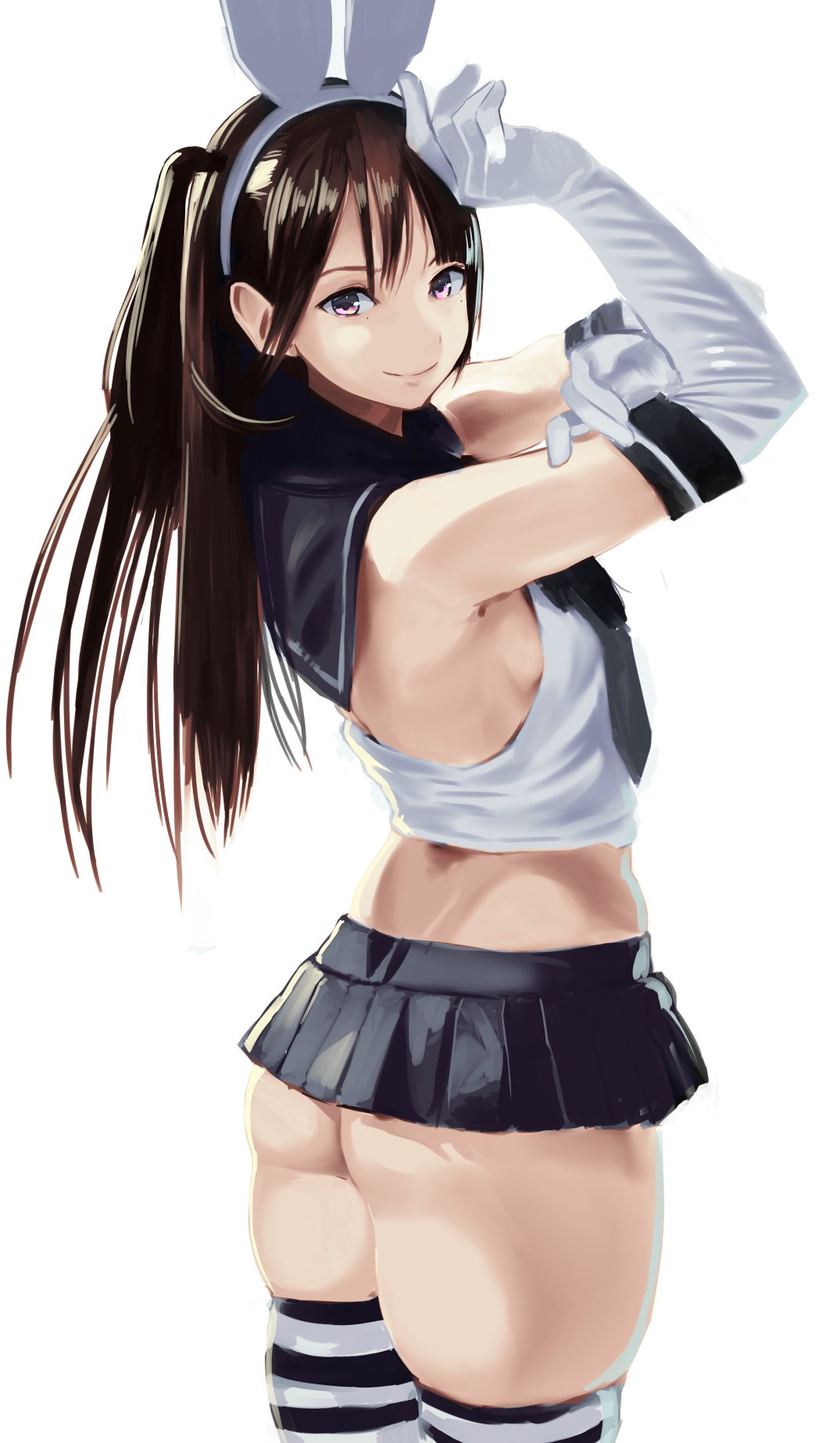 1girl animal_ears armpits arms_up ass bangs bare_shoulders black_neckwear black_skirt blue_sailor_collar breasts brown_hair closed_mouth cosplay cowboy_shot crop_top elbow_gloves fake_animal_ears from_side gloves greatmosu hairband highres kantai_collection long_hair looking_at_viewer looking_to_the_side microskirt midriff mole mole_under_eye necktie one_side_up original rabbit_ears sailor_collar school_uniform serafuku shimakaze_(kantai_collection) shimakaze_(kantai_collection)_(cosplay) shirt sideboob sidelocks simple_background skindentation skirt sleeveless sleeveless_shirt small_breasts smile solo standing striped striped_legwear thigh-highs thighs violet_eyes white_background white_gloves white_hairband white_shirt