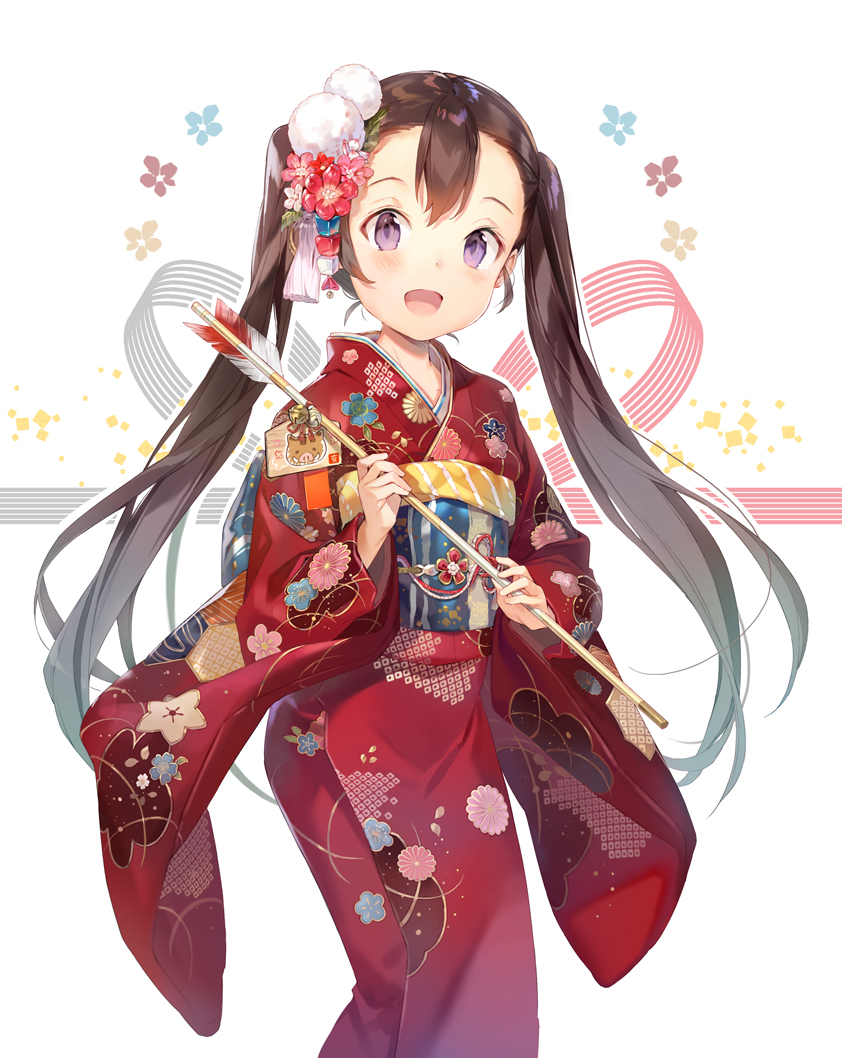 1girl :d arrow bangs bell blush brown_hair commentary_request ema floral_print flower gilse hair_flower hair_ornament hamaya japanese_clothes jingle_bell kimono long_hair long_sleeves looking_at_viewer new_year obi open_mouth original red_kimono revision sash smile solo twintails very_long_hair violet_eyes wide_sleeves
