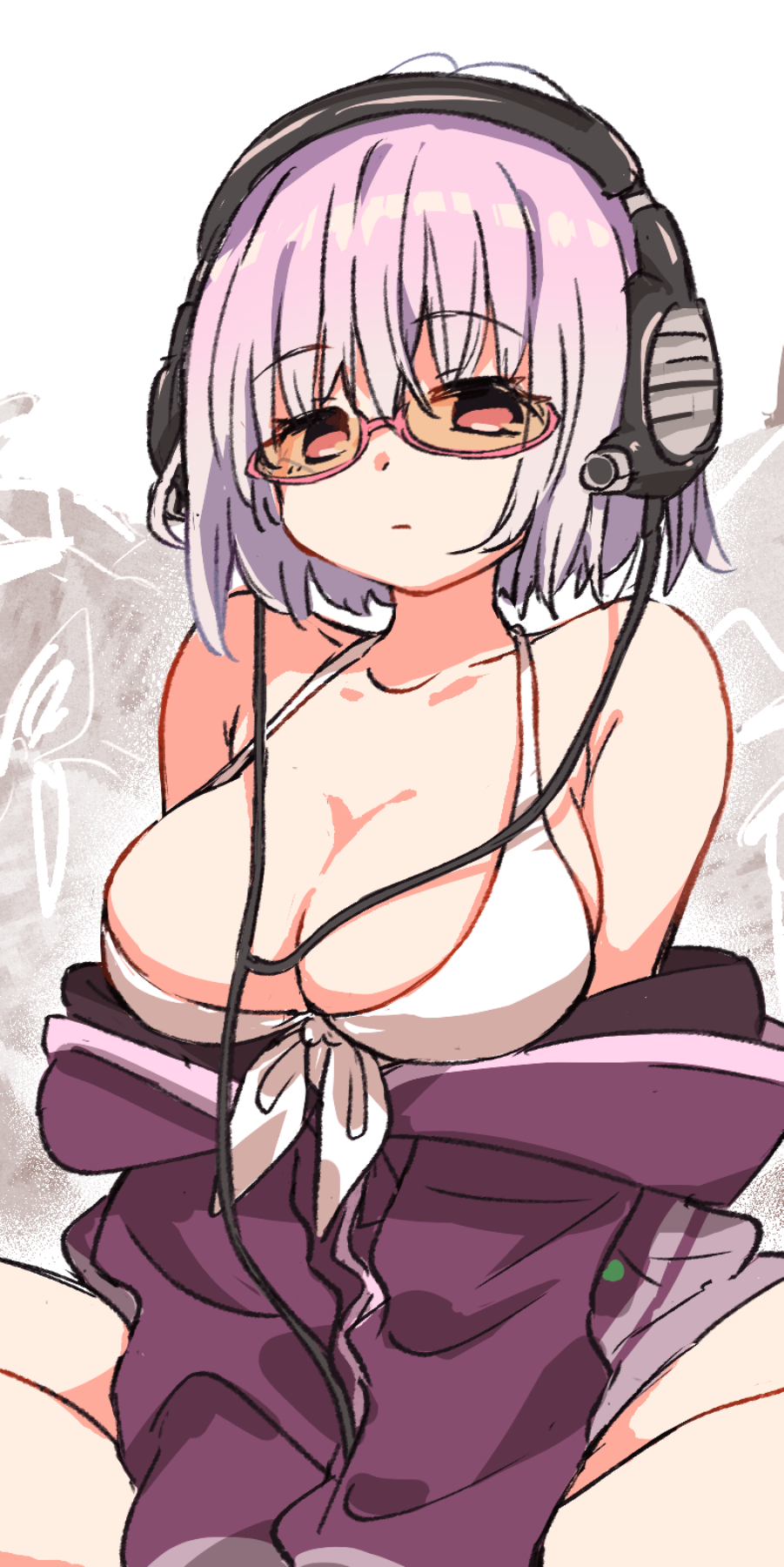 1girl bangs bare_shoulders bikini breasts cable cleavage closed_mouth collarbone comic expressionless eyebrows_visible_through_hair front-tie_bikini front-tie_top glasses halterneck head_tilt highres indian_style jacket large_breasts long_sleeves looking_at_viewer matsuda_hikari off_shoulder open_clothes open_jacket pink-framed_eyewear pink_eyes pink_hair purple_jacket ribbon semi-rimless_eyewear shinjou_akane short_hair sitting solo ssss.gridman swimsuit under-rim_eyewear white_bikini white_ribbon yellow-tinted_eyewear