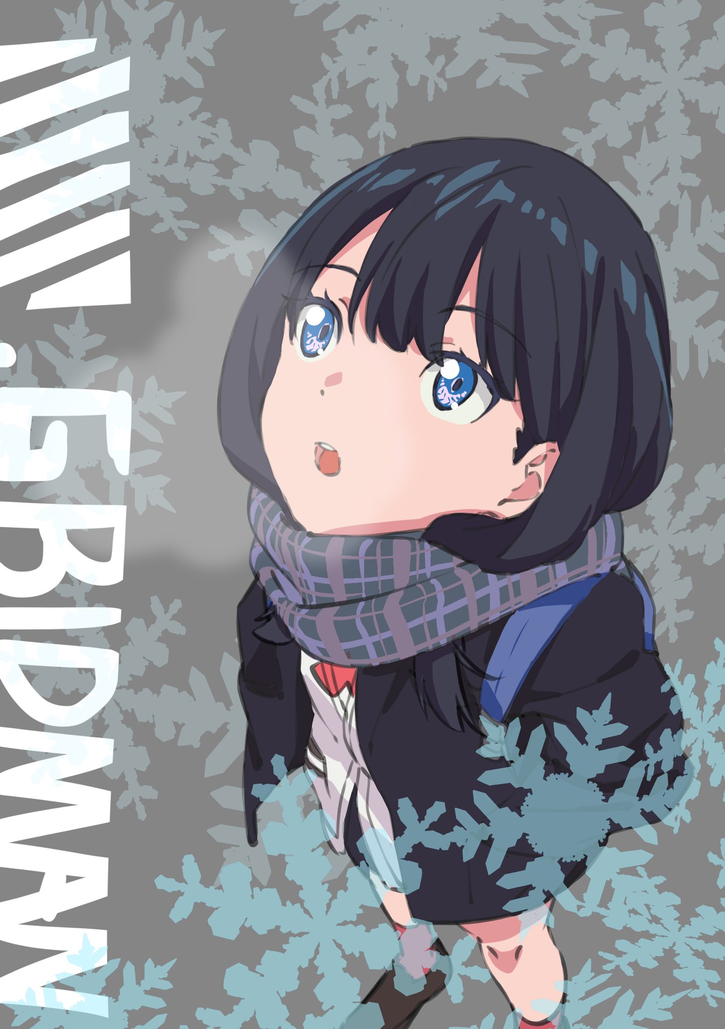 1girl backpack bag bangs black_hair black_jacket blue_eyes highres jacket kengo long_hair looking_up open_mouth scarf school_uniform ssss.gridman takarada_rikka