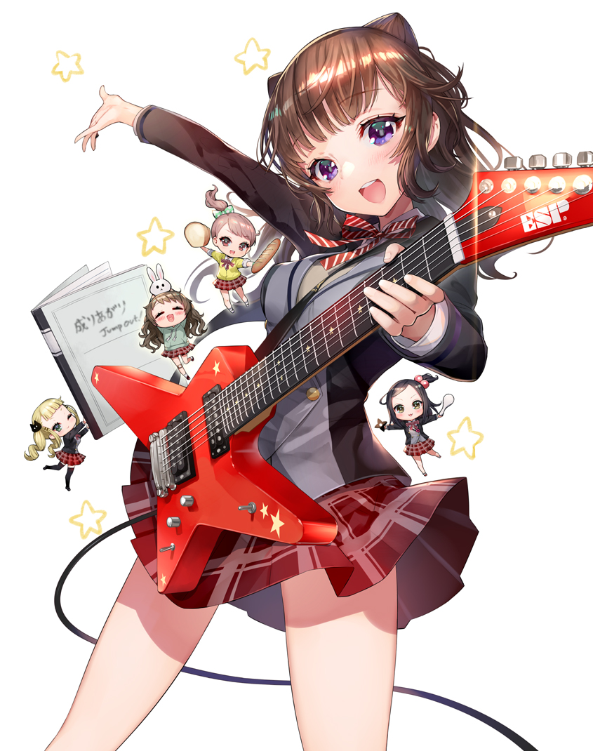 5girls :d =_= animal animal_on_head arm_up bang_dream! bangs black_hair black_jacket black_legwear blonde_hair blunt_bangs blush bow bread breasts brown_eyes brown_hair bunny_on_head cardigan cat_hair_ornament chibi closed_eyes closed_mouth commentary_request cowboy_shot electric_guitar esp_guitars eyebrows_visible_through_hair facing_viewer food green_bow green_eyes green_hoodie guitar hair_bobbles hair_bow hair_ornament hanazono_tae hitowa holding holding_food holding_instrument hood hoodie ichigaya_arisa instrument jacket leg_up long_hair long_sleeves looking_at_viewer medium_breasts medium_hair minigirl miniskirt multiple_girls neck_ribbon notebook official_art on_head one_eye_closed one_side_up open_mouth outstretched_arm plaid plaid_skirt pleated_skirt polka_dot polka_dot_bow ponytail rabbit red_neckwear red_skirt ribbon school_uniform shiny shiny_hair skirt smile standing star starry_background striped striped_neckwear thigh-highs toyama_kasumi twintails upper_teeth ushigome_rimi violet_eyes white_background yamabuki_saaya yellow_cardigan