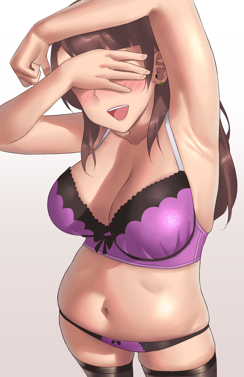 1girl armpits arms_up belly black_legwear blush bra breasts brown_hair cleavage commentary_request covering_eyes cowboy_shot earrings gradient gradient_background highres jewelry large_breasts long_hair navel open_mouth original plump purple_bra ryokucha_michi simple_background smile solo thigh-highs underwear underwear_only