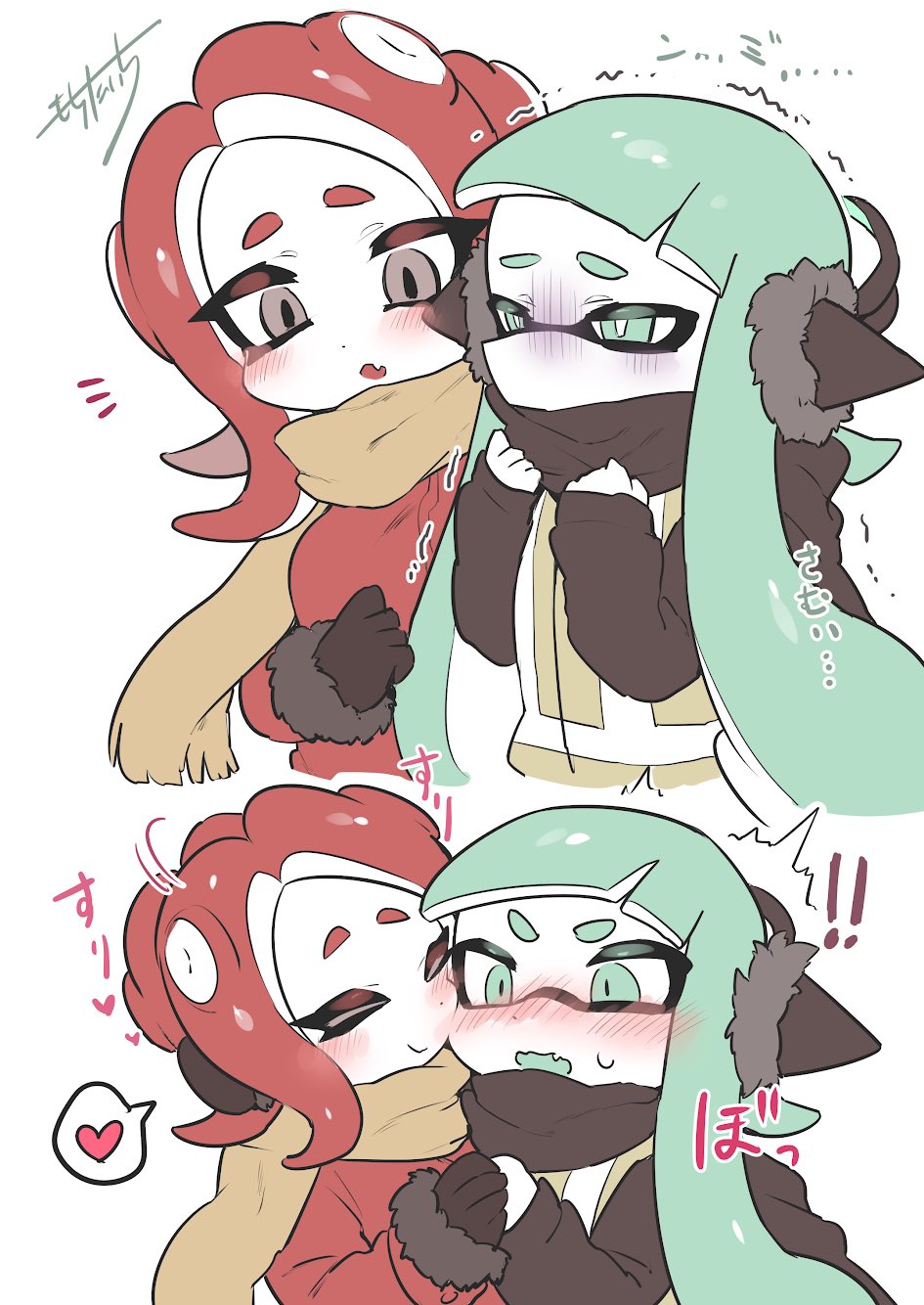 2girls agent_3 agent_8 bangs blunt_bangs cephalopod_eyes coat cold commentary_request domino_mask earmuffs fang fur_trim green_eyes green_hair hand_holding heart highres inkling long_hair makeup mascara mask multiple_girls nama_namusan nuzzle octoling parka pointy_ears redhead safety_vest scarf short_hair splatoon splatoon_(series) splatoon_2 splatoon_2:_octo_expansion spoken_heart squidbeak_splatoon suction_cups tentacle_hair winter_clothes winter_coat yuri