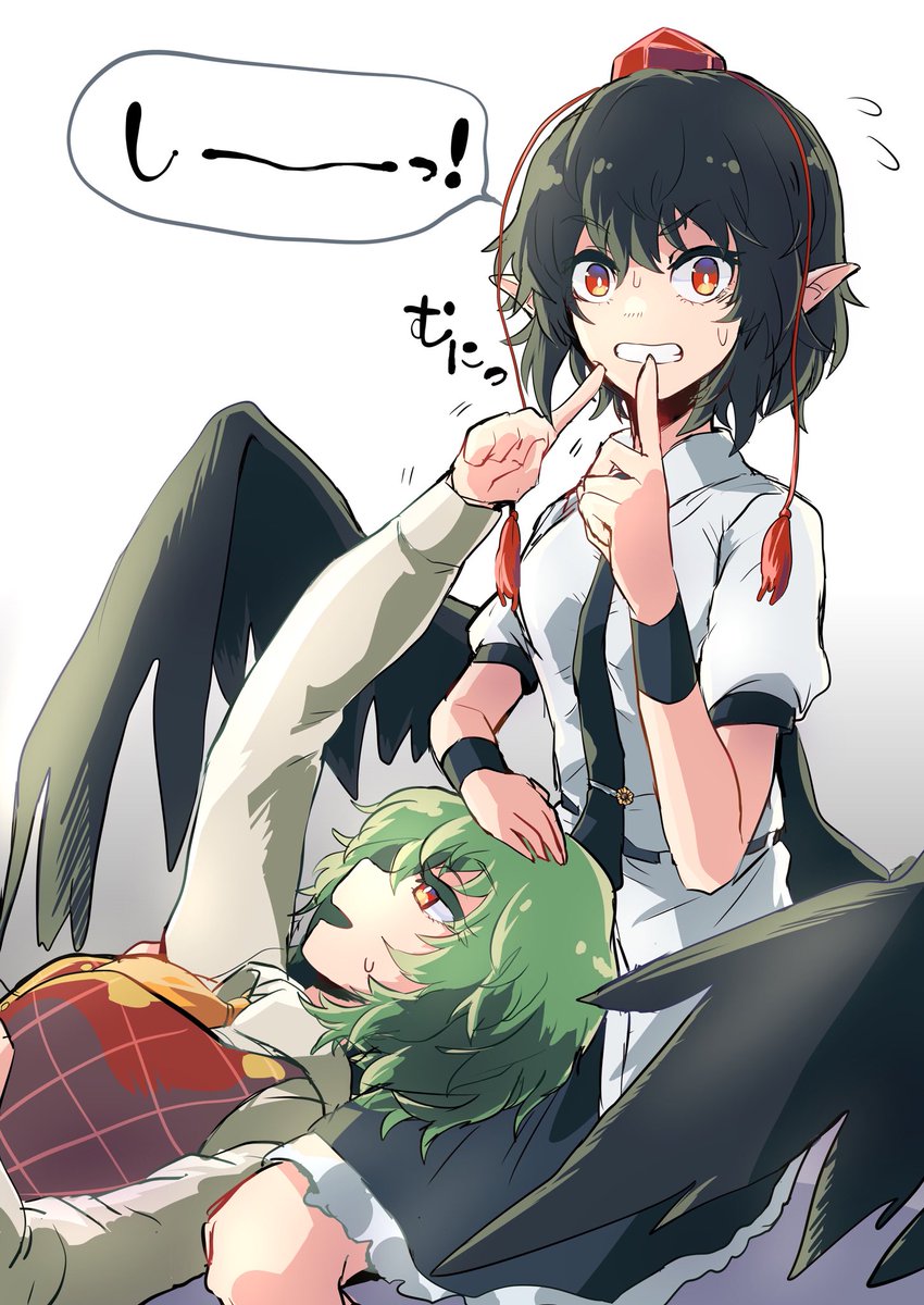 2girls arm_up ascot bangs beige_shirt black_hair black_neckwear black_skirt black_wings cheek_poking clenched_teeth collared_shirt eyebrows_visible_through_hair finger_to_another's_mouth finger_to_mouth flying_sweatdrops green_hair half-closed_eyes hand_on_another's_head hand_rest hand_up hat highres index_finger_raised kazami_yuuka lap_pillow long_sleeves looking_at_viewer looking_up lying medium_hair medium_skirt multiple_girls necktie on_back open_mouth orange_neckwear plaid plaid_vest pointy_ears poking red_eyes red_vest retora shameimaru_aya shirt short_sleeves shushing sidelocks sitting skirt smile sweat sweatdrop teeth tokin_hat touhou vest white_shirt wings wristband