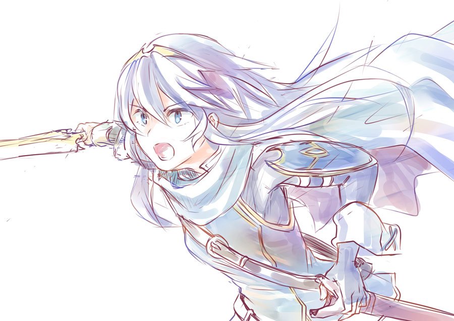 1girl artist_request blue_eyes blue_hair blush cape falchion_(fire_emblem) fingerless_gloves fire_emblem fire_emblem:_kakusei fire_emblem_heroes gloves intelligent_systems long_hair lucina nintendo open_mouth simple_background solo sword weapon white_background