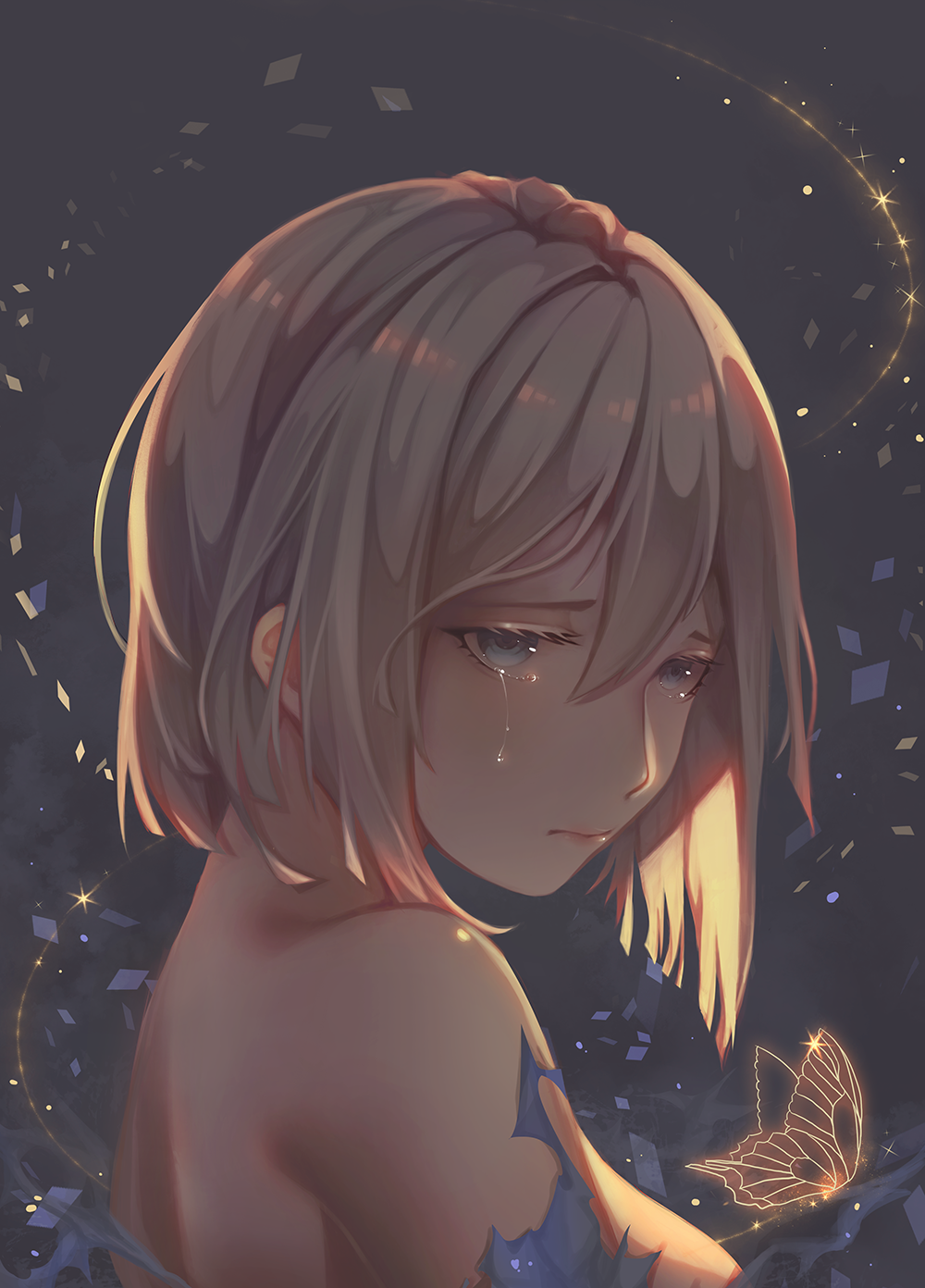1girl bangs bare_shoulders blonde_hair blue_eyes breasts bug butterfly closed_mouth commentary_request crying crying_with_eyes_open from_side hair_between_eyes highres insect original short_hair sideboob soneii tears