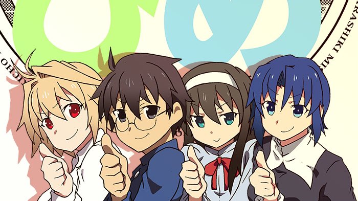 1boy 3girls arcueid_brunestud blonde_hair blue_eyes blue_hair brown_hair ciel glasses hair_between_eyes hairband kono_subarashii_sekai_ni_shukufuku_wo! long_hair long_sleeves looking_at_viewer multiple_girls parody red_eyes school_uniform shadow short_hair simple_background smile sweater tententensan thumbs_up tohno_akiha tomorrow_(konosuba) toono_shiki tsukihime turtleneck type-moon white_hairband