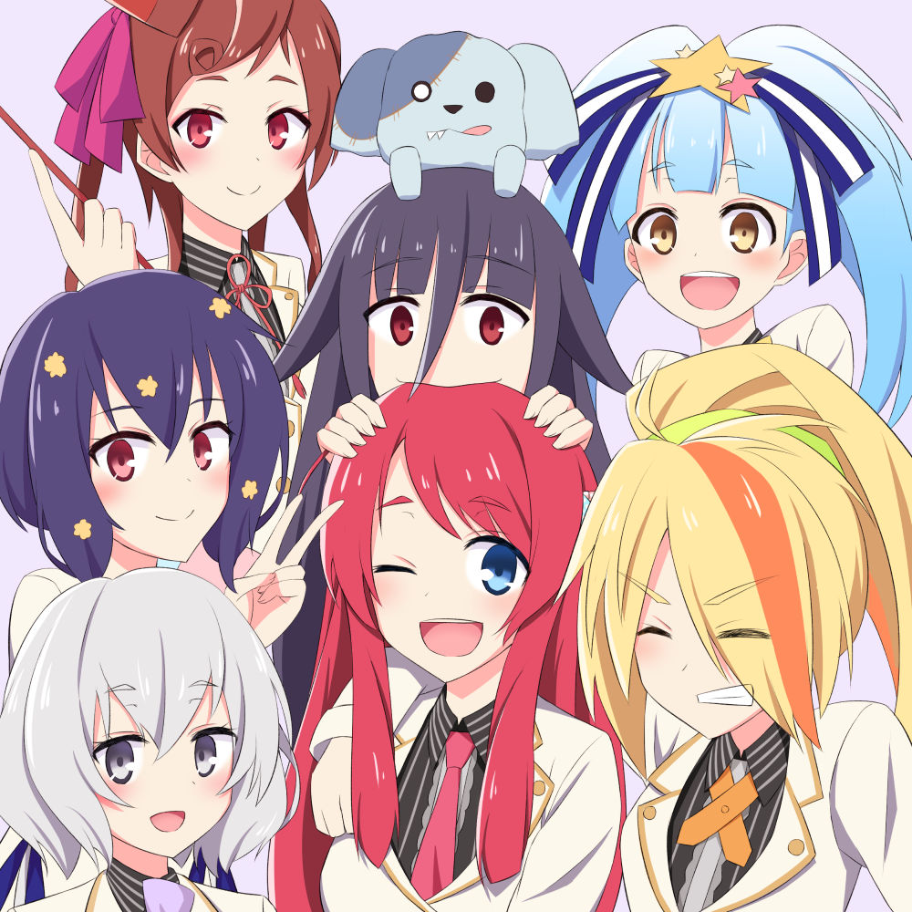 6+girls :d ;d ahoge akahi242 aqua_hair black_hair blonde_hair blue_eyes bow brown_hair closed_eyes dog eyebrows_visible_through_hair eyes_visible_through_hair hair_between_eyes hair_bow hair_ornament hair_over_one_eye hair_ribbon holding_kiseru hoshikawa_lily kiseru konno_junko long_hair looking_at_viewer low_twintails minamoto_sakura mizuno_ai multicolored_hair multiple_girls nikaidou_saki one_eye_closed open_mouth pink_background pink_neckwear pipe polka_dot polka_dot_bow ponytail red_eyes redhead ribbon romero_(zombie_land_saga) short_hair silver_hair simple_background smile star star_hair_ornament streaked_hair tongue tongue_out twintails v yamada_tae yuugiri_(zombie_land_saga) zombie_land_saga