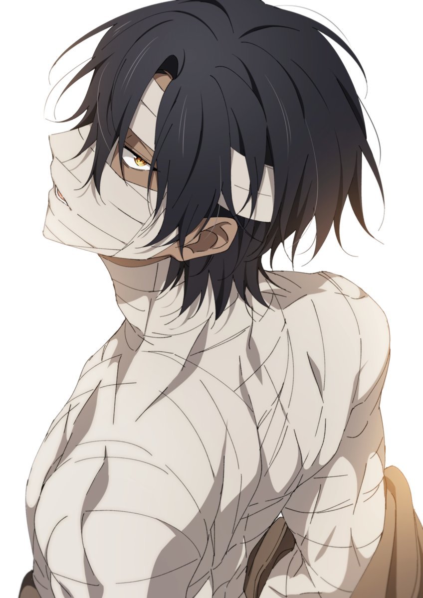 1boy adam's_apple bad_id bad_twitter_id bandage bandaged_arm bandages bangs black_hair dark_skin dark_skinned_male ears from_above full_body_bandages highres isaac_foster looking_at_viewer male_focus ntend open_mouth parted_lips satsuriku_no_tenshi simple_background solo undressing upper_body white_background yellow_eyes