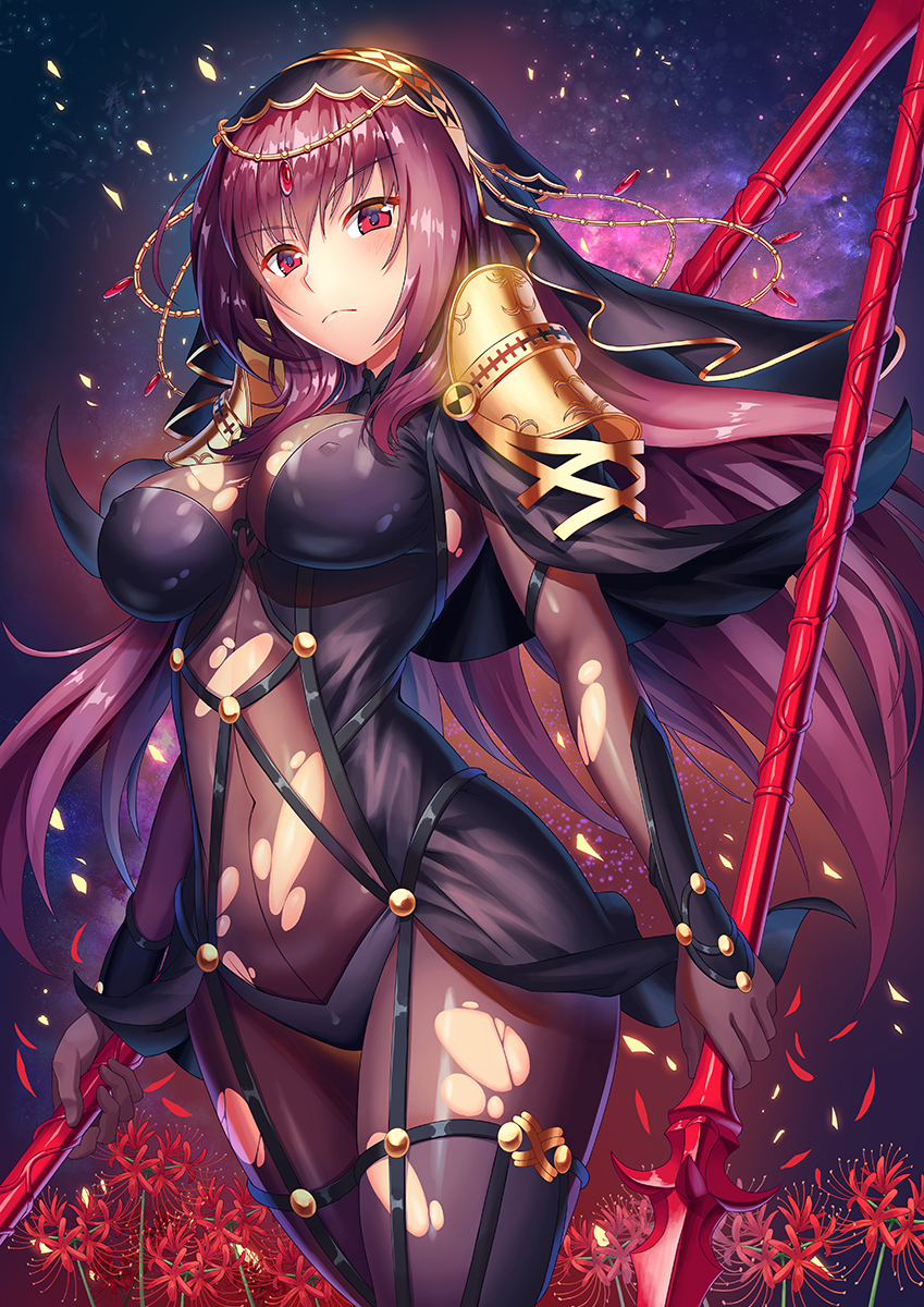 1girl bangs blush bodysuit breasts closed_mouth covered_navel dual_wielding eyebrows_visible_through_hair fate_(series) flower gae_bolg hair_between_eyes highres holding holding_weapon large_breasts light_particles long_hair looking_at_viewer pauldrons polearm purple_bodysuit purple_hair red_eyes red_flower ruby_(gemstone) scathach_(fate)_(all) scathach_(fate/grand_order) smile solo spear tako_seijin torn_bodysuit torn_clothes very_long_hair weapon