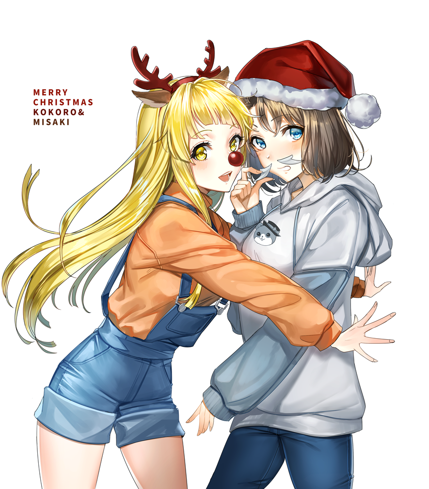 2girls :d animal_ears antlers bang_dream! bangs black_hair blonde_hair blue_eyes character_name denim fake_animal_ears fake_antlers fake_facial_hair fake_mustache from_side grey_hoodie hat hood hood_down hug jeans long_hair long_sleeves looking_at_viewer merry_christmas michelle_(bang_dream!) multiple_girls okusawa_misaki open_mouth orange_shirt overall_shorts pants red_nose reindeer_antlers reindeer_ears rity santa_hat shirt short_hair simple_background smile tsurumaki_kokoro white_background yellow_eyes