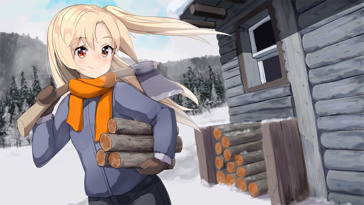 1girl ame. axe azur_lane bangs black_pants blonde_hair blue_jacket blue_sky blush brown_mittens building carrying_under_arm cleveland_(azur_lane) closed_mouth clouds cloudy_sky commentary_request day eyebrows_visible_through_hair firewood fur-trimmed_sleeves fur_trim holding holding_axe jacket long_hair long_sleeves mittens mountain one_side_up outdoors pants red_eyes sky smile solo very_long_hair window