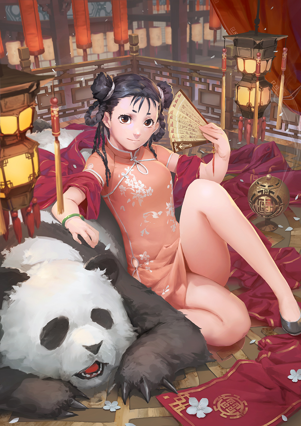 1girl baraba_baba black_hair bracelet brown_eyes china_dress chinese_clothes claws double_bun dress fan fullmetal_alchemist highres jewelry lantern legs looking_at_viewer may_chang panda paper_fan paper_lantern short_braid smile solo thighs