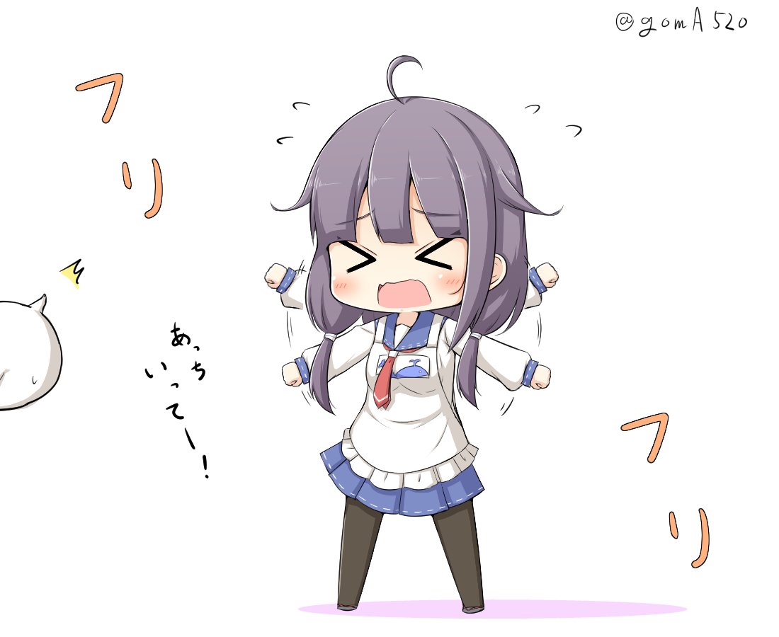 &gt;_&lt; 1girl afterimage ahoge black_legwear blue_sailor_collar blue_skirt chibi commentary_request flailing full_body goma_(yoku_yatta_hou_jane) hair_flaps kantai_collection long_hair low_twintails magatama neckerchief open_mouth pantyhose pleated_skirt purple_hair red_neckwear sailor_collar sandals school_uniform serafuku simple_background skirt solo standing taigei_(kantai_collection) translation_request twintails twitter_username whale white_background