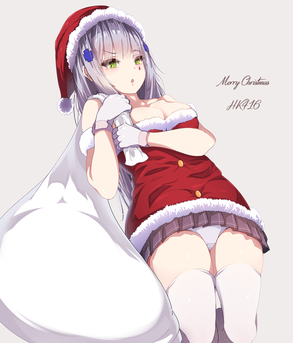 1girl :o bangs blush bobblehat breasts carrying_over_shoulder character_name cleavage collarbone commentary_request eyebrows_visible_through_hair facial_mark from_below fur-trimmed_hat girls_frontline gloves green_eyes hair_ornament hat hk416_(girls_frontline) katuo1129 kneeling long_hair looking_at_viewer looking_down medium_breasts merry_christmas miniskirt open_mouth panties pantyshot pantyshot_(kneeling) plaid plaid_skirt pleated_skirt purple_skirt red_hat sack santa_costume santa_hat silver_hair skirt solo straight_hair strapless thigh-highs underwear upskirt white_gloves white_legwear