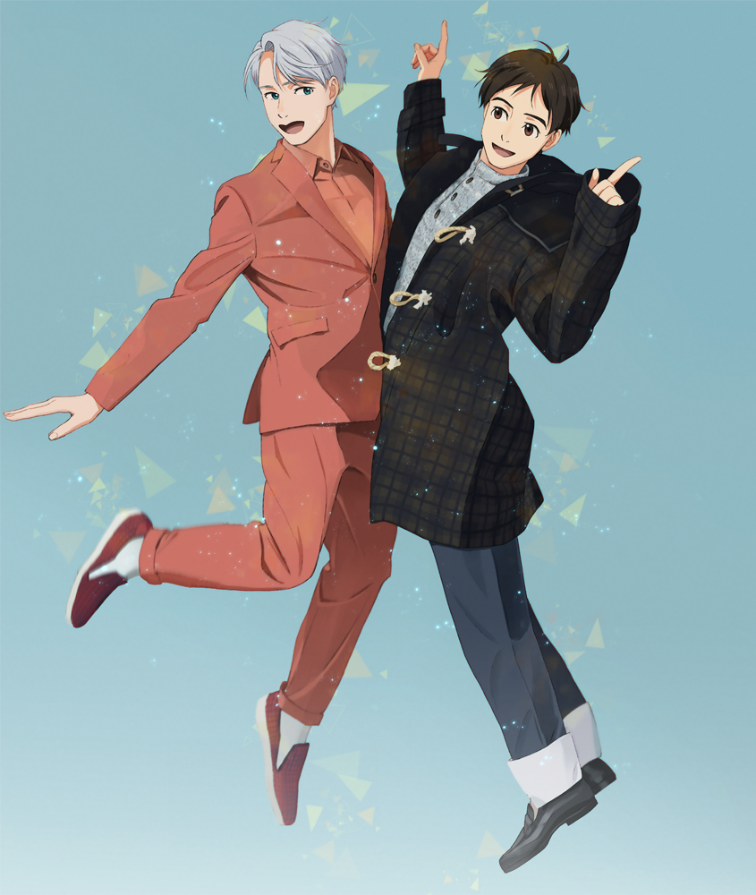 2boys :d black_hair blazer blue_background blue_eyes brown_eyes cacao_(umri) coat collared_shirt index_finger_raised jacket jumping katsuki_yuuri male_focus multiple_boys open_mouth pants shirt silver_hair smile turtleneck viktor_nikiforov yuri!!!_on_ice