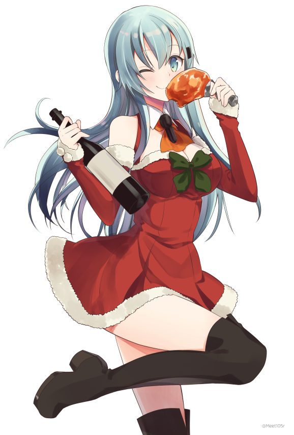 1girl ;d ascot black_footwear blue_eyes blue_hair boots bottle breasts choker cleavage detached_sleeves dress floating_hair food fur-trimmed_dress fur-trimmed_sleeves fur_trim green_neckwear hair_between_eyes holding holding_bottle holding_food kantai_collection leg_up long_hair long_sleeves looking_at_viewer medium_breasts meet one_eye_closed open_mouth orange_neckwear red_dress red_sleeves short_dress simple_background sleeveless sleeveless_dress smile solo standing standing_on_one_leg suzuya_(kantai_collection) thigh-highs thigh_boots twitter_username very_long_hair white_background zettai_ryouiki