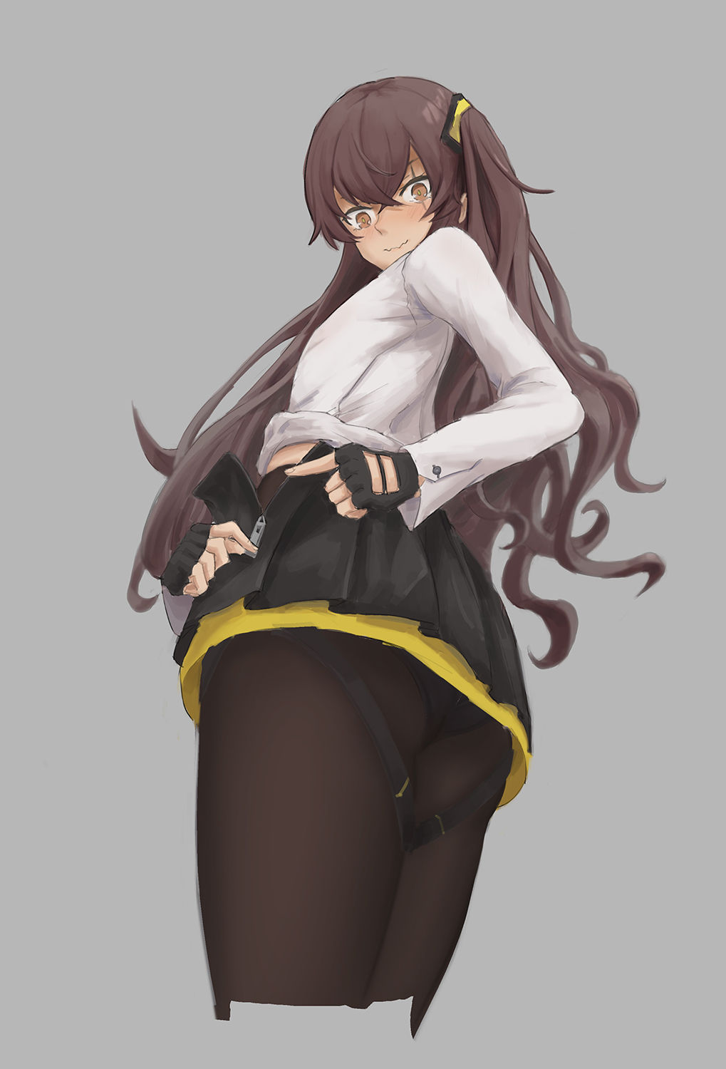 1girl aitan! bangs black_legwear black_skirt blush breasts brown_eyes closed_mouth commentary_request cowboy_shot crossed_bangs embarrassed fingerless_gloves from_below girls_frontline gloves grey_hair highres long_hair long_sleeves looking_at_viewer one_side_up panties panties_under_pantyhose pantyhose scar scar_across_eye shirt simple_background skirt solo standing thighs ump45_(girls_frontline) underwear undressing unzipping white_shirt zipper zipper_pull_tab