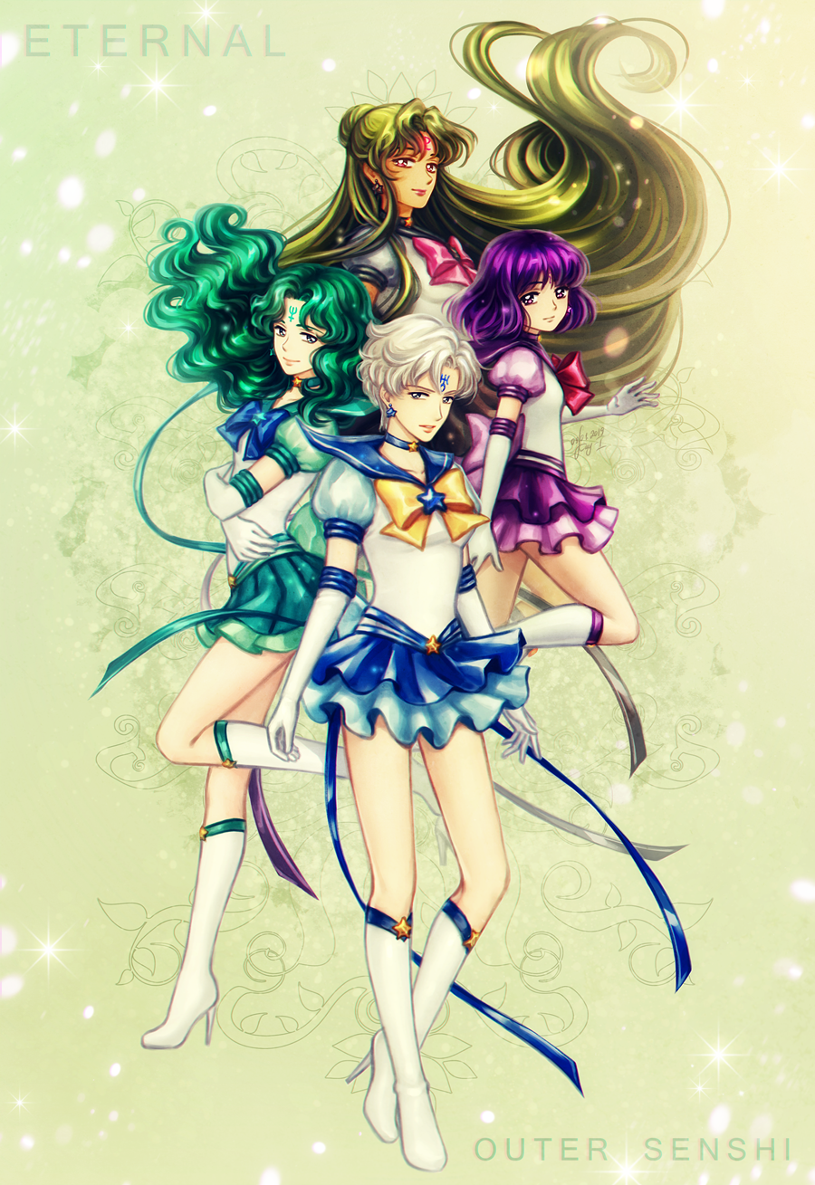 4girls back_bow bangs bishoujo_senshi_sailor_moon black_neckwear black_sailor_collar blue_bow blue_eyes blue_neckwear blue_sailor_collar blue_skirt boots bow brooch choker closed_mouth earrings elbow_gloves elena_ivlyushkina facial_mark forehead_mark gloves green_background green_hair green_neckwear green_sailor_collar green_skirt hair_bun highres jewelry kaiou_michiru knee_boots layered_skirt light_smile long_hair magical_girl meiou_setsuna multiple_girls neptune_symbol outer_senshi parted_bangs pleated_skirt pluto_symbol puffy_sleeves purple_bow purple_hair purple_neckwear purple_sailor_collar purple_skirt red_bow red_eyes sailor_collar sailor_neptune sailor_pluto sailor_saturn sailor_senshi sailor_senshi_uniform sailor_uranus saturn_symbol short_hair skirt smile star star_choker star_earrings super_sailor_neptune_(stars) super_sailor_pluto_(stars) super_sailor_saturn_(stars) super_sailor_uranus_(stars) tan ten'ou_haruka tomoe_hotaru uranus_symbol very_short_hair wavy_hair white_footwear white_gloves white_hair yellow_bow