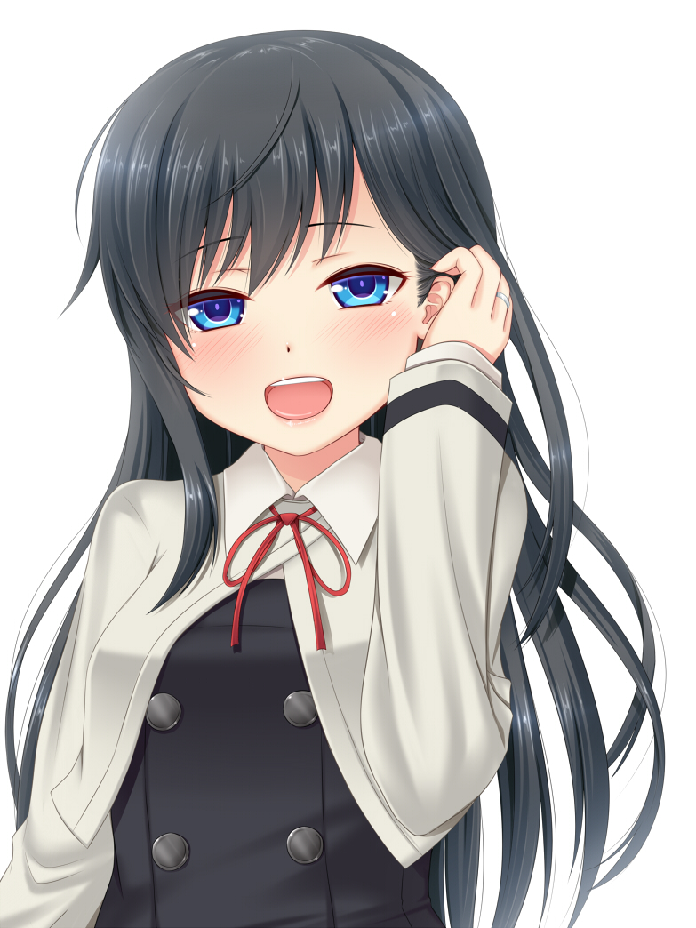 1girl :d asashio_(kantai_collection) bangs black_dress black_hair blue_eyes blush buttons commentary double-breasted dress eyebrows_visible_through_hair eyes_visible_through_hair hair_tucking hanazome_dotera hand_up jewelry kantai_collection long_hair long_sleeves looking_at_viewer open_mouth pinafore_dress red_neckwear remodel_(kantai_collection) ring simple_background smile solo upper_body wedding_band white_background