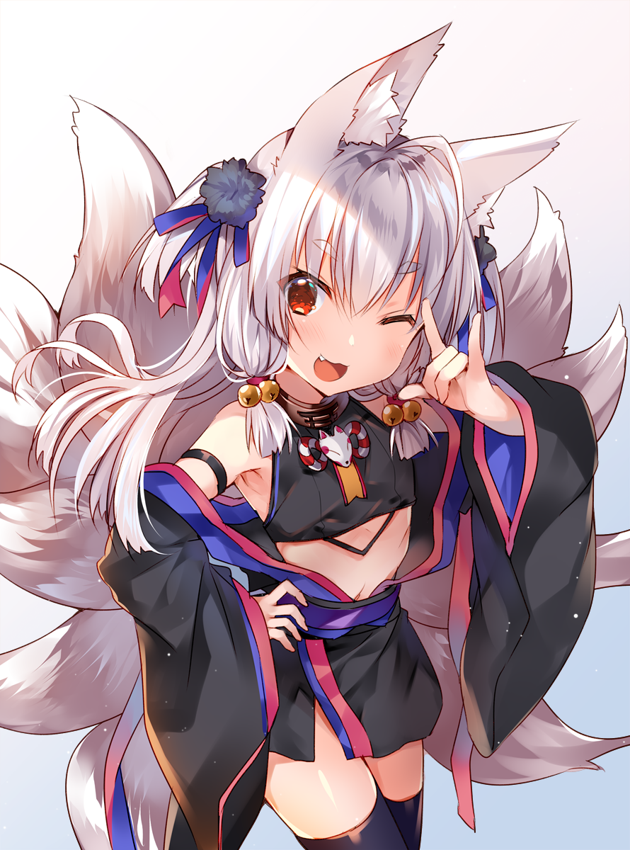 1girl animal_ears arm_strap bangs bell black_legwear blush cowboy_shot eyebrows_visible_through_hair fang fox_ears fox_shadow_puppet fox_tail hair_bell hair_ornament highres japanese_clothes long_hair looking_at_viewer low-tied_long_hair multiple_tails one_eye_closed open_clothes open_mouth original silver_hair tail thigh-highs usagihime white_background wide_sleeves