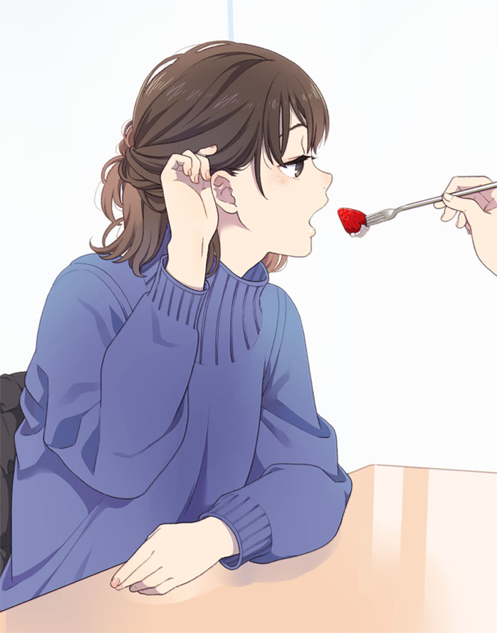 1girl brown_hair feeding food fork fruit hair_behind_ear looking_to_the_side mattaku_mousuke open_mouth original solo_focus strawberry sweater table white_background