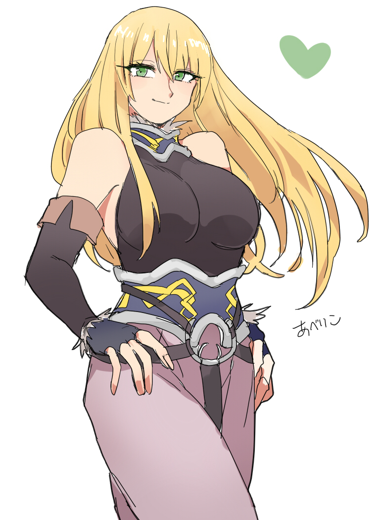 1girl abe_riko artist_name bare_shoulders blonde_hair breasts fate/grand_order fate_(series) fionn_mac_cumhaill_(fate/grand_order) genderswap genderswap_(mtf) green_eyes halterneck hands_on_hips heart large_breasts long_hair looking_at_viewer o-ring simple_background sleeveless smile solo standing white_background