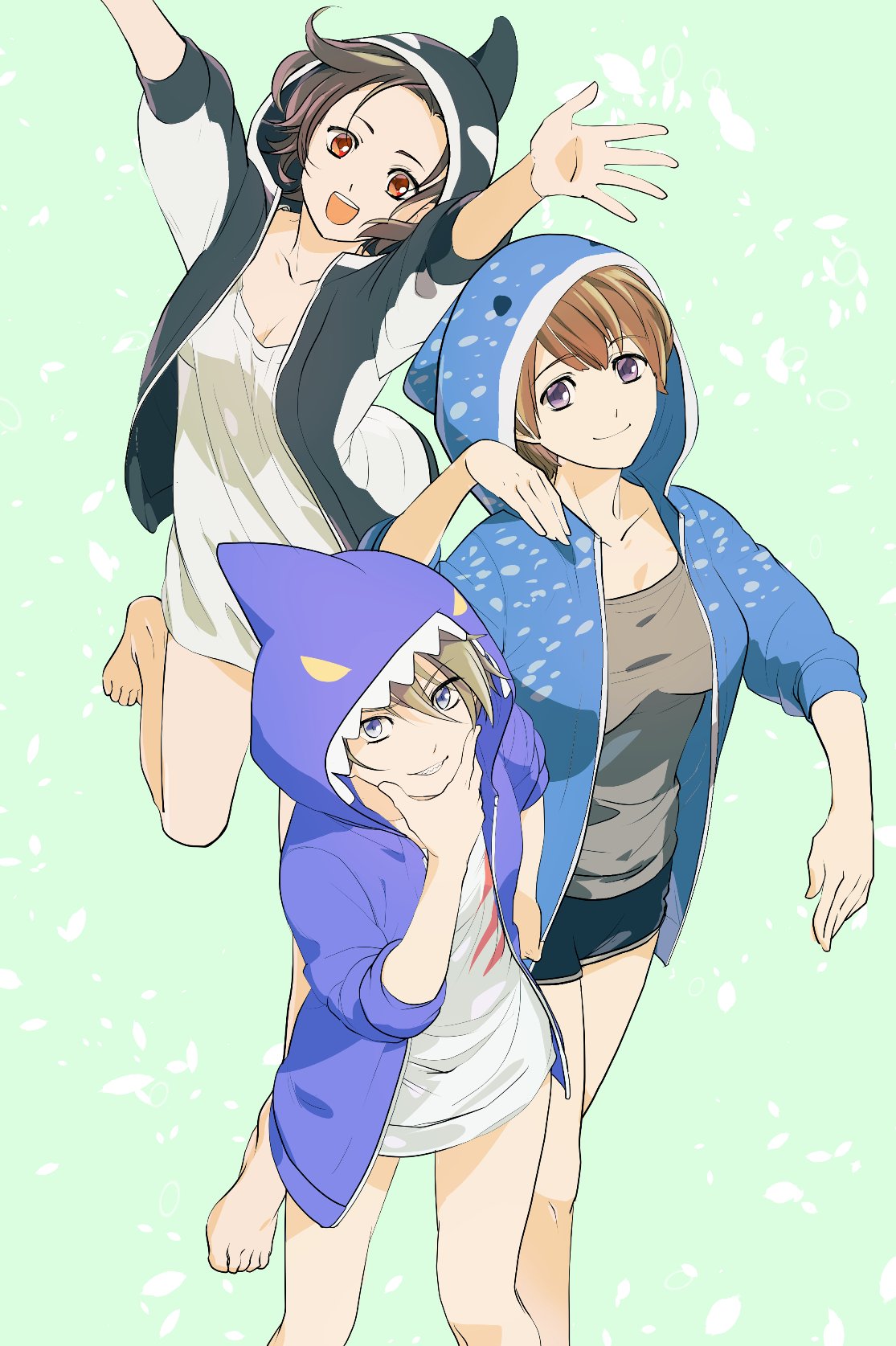 3girls akuno_hideo alternate_costume bandaid bandaid_on_face barefoot blue_eyes brown_hair fingers_to_chin frame_(idolmaster) genderswap genderswap_(mtf) green_background highres idolmaster idolmaster_side-m kimura_ryuu leg_up legs multiple_girls orca_hood outstretched_arms red_eyes saya_(endowsaya) shark_hood sharp_teeth shingen_seiji short_hair shorts smile swimming_gesture teeth violet_eyes