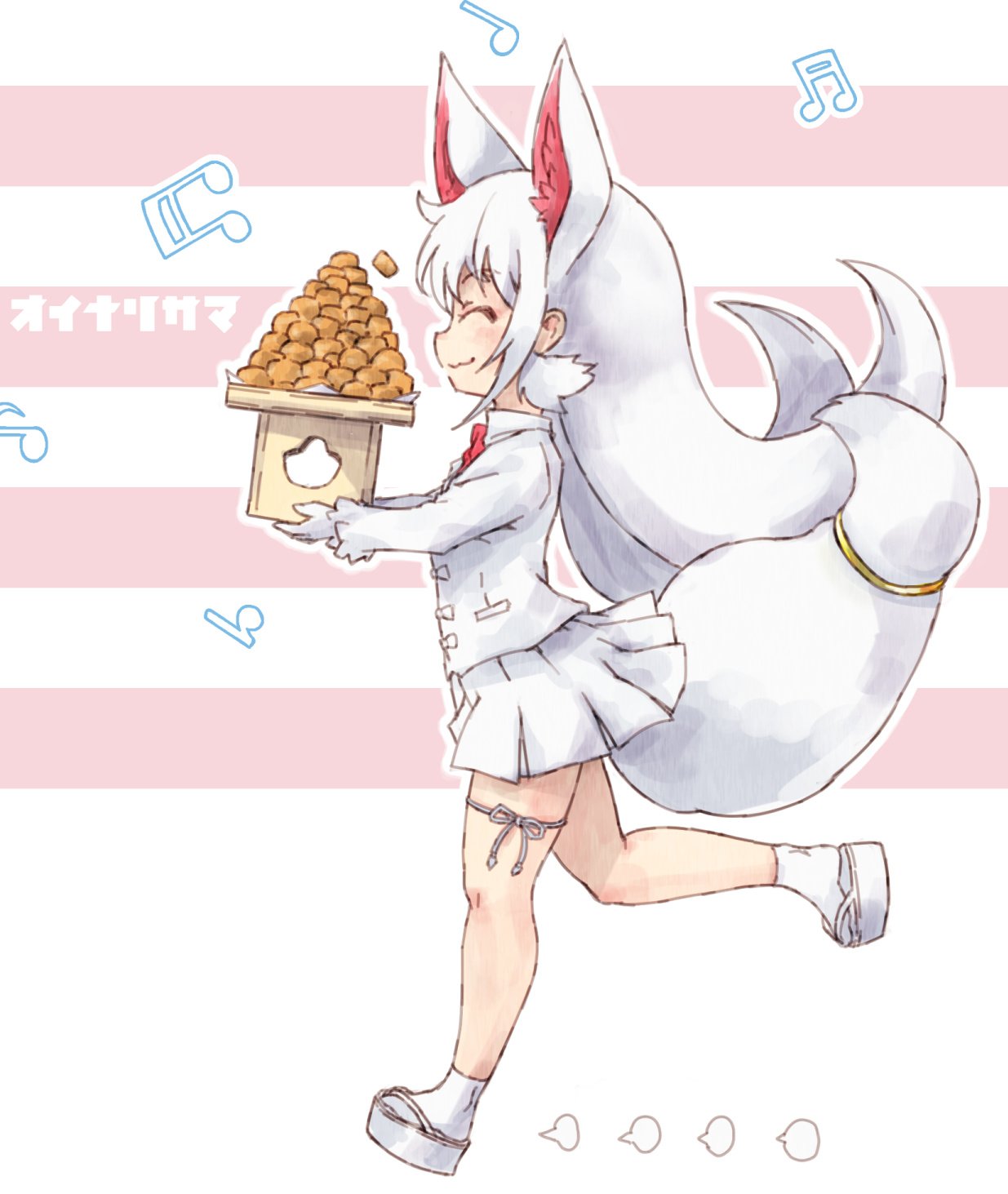 1girl :3 animal_ears coat commentary_request extra_ears food fox_ears fox_tail full_body gloves highres kemono_friends kolshica long_hair long_sleeves musical_note oinari-sama_(kemono_friends) platform_footwear pleated_skirt sandals skirt socks solo tail tail_ornament thigh_bow translation_request white_hair