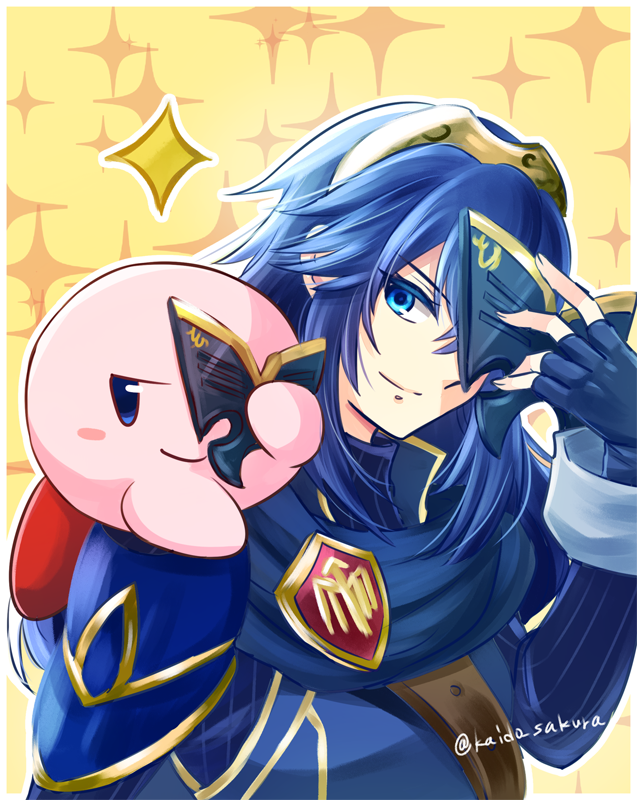 1girl 1other blue_eyes blue_hair cape copy_ability fingerless_gloves fire_emblem fire_emblem:_kakusei fire_emblem_heroes gloves hal_laboratory_inc. hoshi_no_kirby intelligent_systems kaidou_mitsuki kirby kirby_(series) kirby_(specie) long_hair looking_at_viewer lucina mask nintendo pink_puff_ball simple_background sora_(company) super_smash_bros. super_smash_bros._ultimate super_smash_bros_for_wii_u_and_3ds tiara white_background