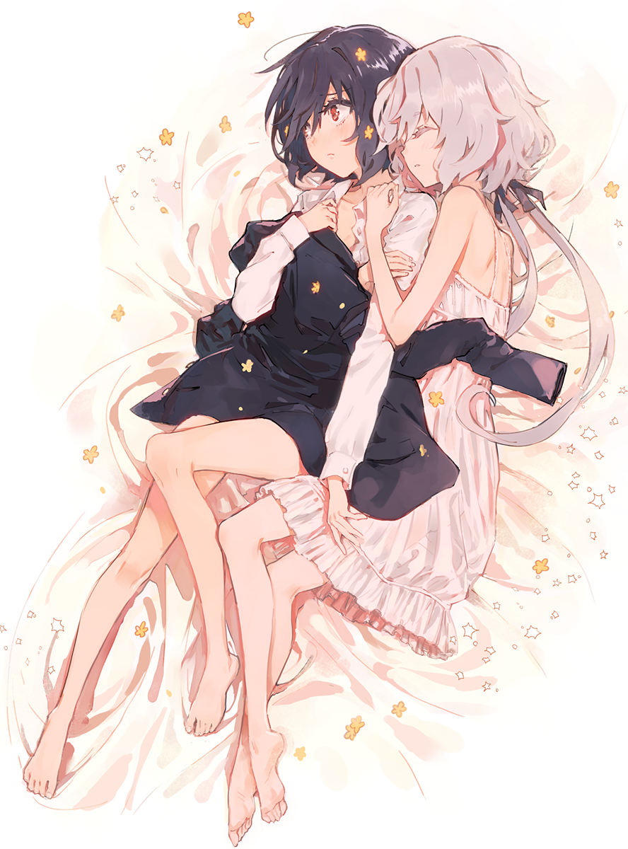 2girls arm_hug bare_legs bare_shoulders barefoot black_hair blazer blazer_removed closed_eyes commentary_request eyebrows_visible_through_hair hair_between_eyes hair_ornament hair_ribbon highres jacket konno_junko long_hair long_sleeves low_twintails lying minakata_sunao mizuno_ai multiple_girls nightgown on_bed on_side red_eyes ribbon see-through shirt short_hair silver_hair sleeveless twintails white_shirt yuri zombie_land_saga