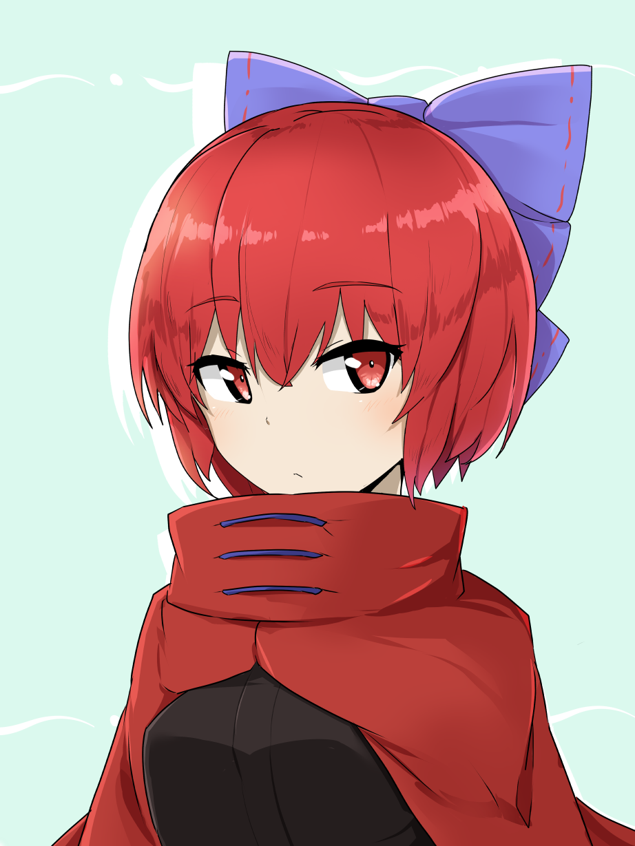 1girl aqua_background bangs black_shirt blue_bow bow breasts cape commentary_request eyebrows_visible_through_hair hair_between_eyes hair_bow high_collar highres looking_at_viewer medium_breasts red_cape red_eyes redhead sekibanki shirt short_hair silhouette simple_background solo touhou tyouseki upper_body