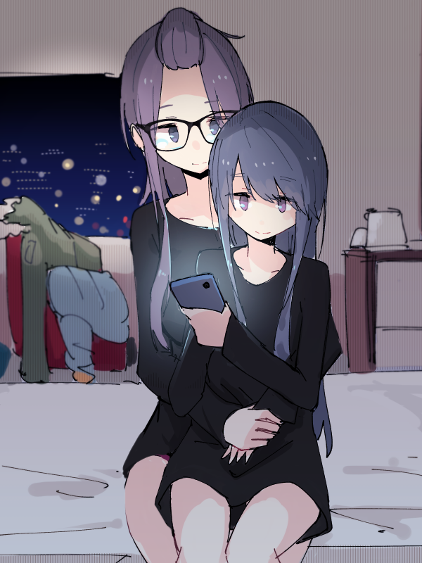 2girls bed black-framed_eyewear blue_hair blush cellphone city_lights commentary_request eyebrows_visible_through_hair glasses hair_between_eyes hair_ornament hand_holding jitome kagamihara_sakura long_hair long_shirt long_sleeves multiple_girls phone purple_hair shima_rin shiroshi_(denpa_eshidan) sitting sitting_on_person smartphone smile striped winter_clothes yuri yurucamp