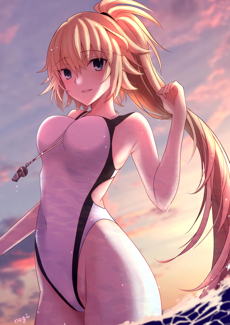 1girl aonegi artist_name blonde_hair blue_eyes blurry clouds competition_swimsuit cowboy_shot depth_of_field fate/grand_order fate_(series) gradient_sky highleg highleg_swimsuit jeanne_d'arc_(fate)_(all) jeanne_d'arc_(swimsuit_archer) long_hair looking_at_viewer one-piece_swimsuit ponytail purple_sky sky solo sunset swimsuit water waves whistle whistle_around_neck white_swimsuit