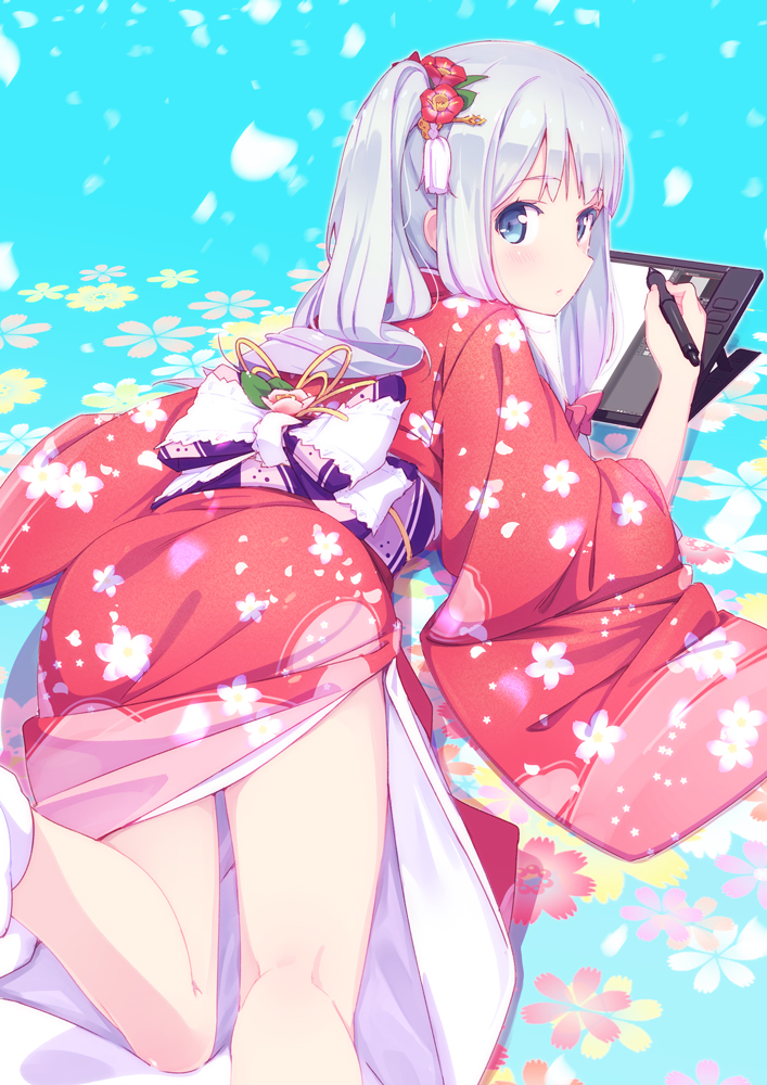 1girl ass azumi_akitake blue_background blue_eyes blush bow closed_mouth commentary_request drawing_tablet eromanga_sensei eyebrows_visible_through_hair feet_out_of_frame floral_print flower furisode hair_bow hair_flower hair_ornament holding holding_stylus izumi_sagiri japanese_clothes kimono legs long_hair looking_at_viewer looking_back low-tied_long_hair lying obi on_floor on_stomach one_side_up partial_commentary pink_bow red_kimono sash silver_hair socks solo stylus tablet thighs wide_sleeves