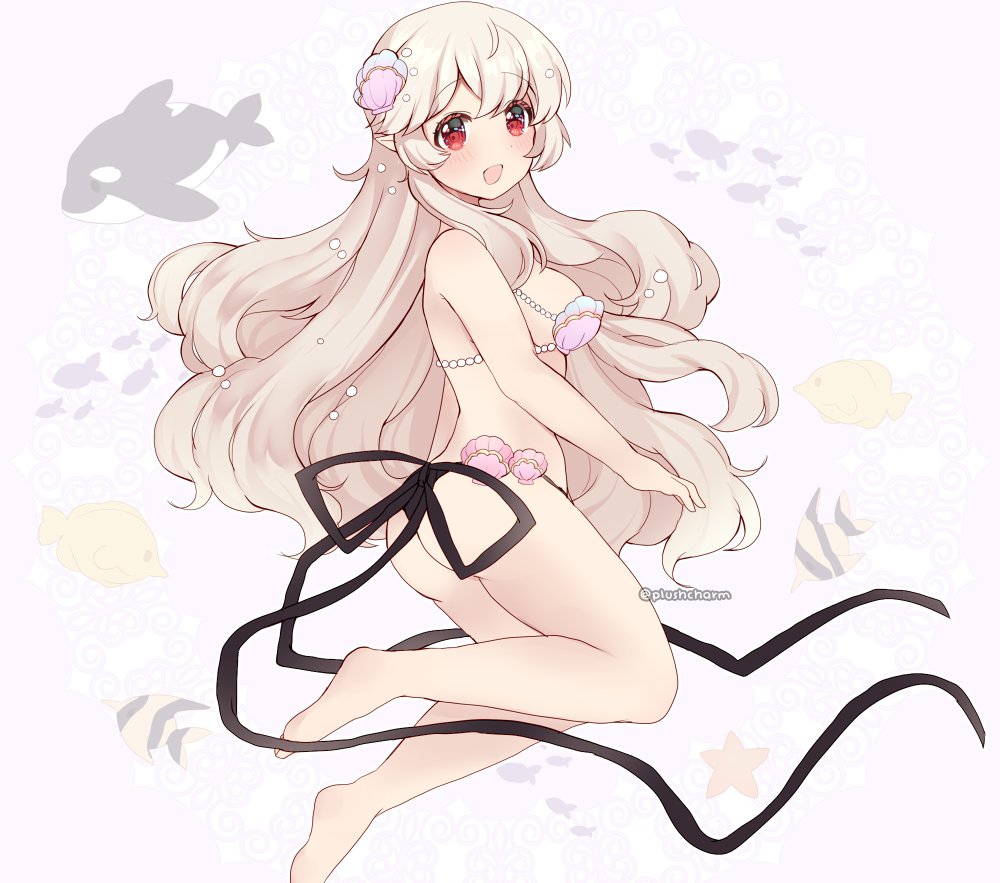 1girl bikini black_ribbon breasts corrin_(fire_emblem) corrin_(fire_emblem)_(female) cute dragon_girl elf female_my_unit_(fire_emblem_if) fire_emblem fire_emblem_cipher fire_emblem_if fish from_side hair_ornament intelligent_systems kamui_(fire_emblem) long_hair looking_to_the_side manakete medium_breasts moe my_unit_(fire_emblem_if) nintendo open_mouth plushcharm pointy_ears red_eyes ribbon seashell_hair_ornament shell shell_bikini solo swimsuit twitter_username underwater white_hair