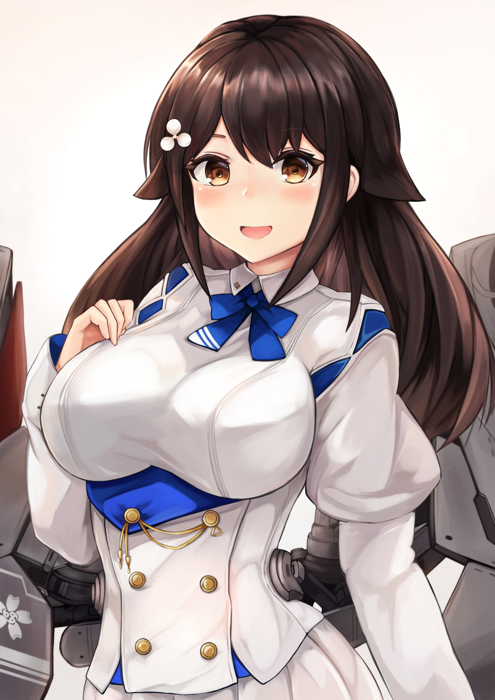 1girl :d azur_lane bangs blue_neckwear blush bow bowtie breasts brown_eyes brown_hair choukai_(azur_lane) collared_shirt double-breasted eyebrows_visible_through_hair hair_ornament hand_up highres juliet_sleeves large_breasts long_hair long_sleeves looking_at_viewer machinery military military_uniform open_mouth puffy_sleeves ryara_vivi shirt sidelocks simple_background skirt smile solo uniform upper_body white_background white_shirt white_skirt