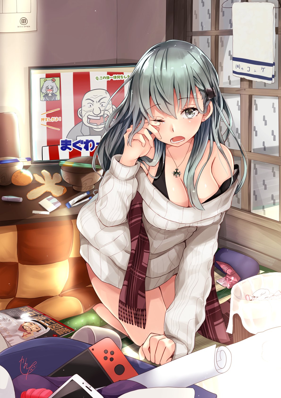 1girl all_fours aqua_eyes aqua_hair black_bra blush bowl bra breasts chopsticks cleavage earrings food fruit game_console hair_ornament hairclip handheld_game_console highres indoors jewelry kantai_collection konno_junko kotatsu large_breasts long_hair looking_at_viewer magazine mandarin_orange narushima_kanna necklace nintendo nintendo_switch open_mouth ribbed_sweater rubbing_eyes solo stud_earrings suzuya_(kantai_collection) sweater table television towel underwear waking_up white_sweater zombie_land_saga