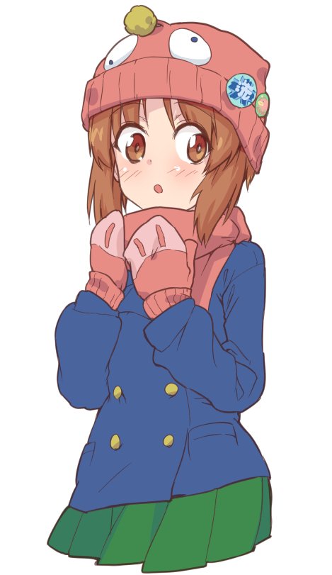 1girl :o anglerfish bangs beanie blue_coat blush brown_eyes brown_hair commentary cowboy_shot cropped_torso emblem eyebrows_visible_through_hair fish_hat girls_und_panzer hat long_sleeves looking_at_viewer miniskirt monolith_(suibou_souko) nishizumi_miho ooarai_(emblem) ooarai_school_uniform open_mouth pink_hat pink_mittens pink_scarf pleated_skirt scarf school_uniform short_hair simple_background skirt solo standing white_background winter_uniform