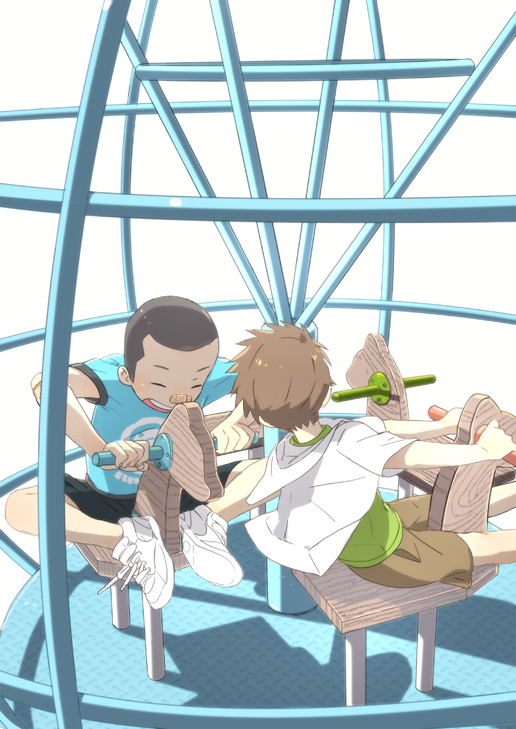 2boys black_hair brown_hair buzz_cut closed_eyes jungle_gym male_focus multiple_boys nakayuki_t open_mouth original outdoors playground shoes simple_background smile sneakers white_background white_footwear