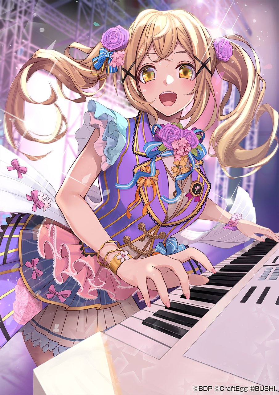 1girl bang_dream! blonde_hair floral_print flower hair_flower hair_ornament highres ichigaya_arisa instrument keyboard_(instrument) long_hair looking_at_viewer official_art open_mouth pink_flower pink_rose ribbon rose twintails untue x_hair_ornament yellow_ribbon