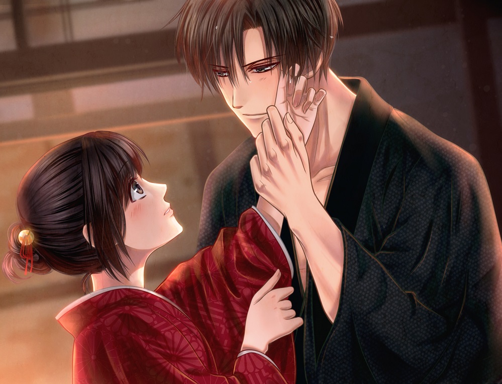 1boy 1girl black_hair black_kimono blush brown_hair embarrassed eye_contact hair_bun hair_ornament hand_in_another's_hair hand_up hetero holding_another's_arm indoors izumi_(stardustalone) japanese_clothes kimono looking_at_another original parted_lips red_kimono renri_no_chigiri_wo_kimi_to_shiru upper_body wide_sleeves