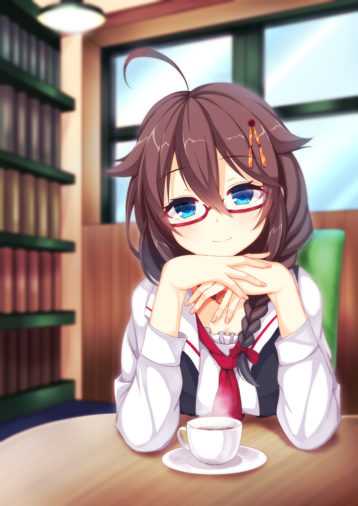 1girl ahoge bangs blue_eyes blush braid brown_hair closed_mouth coffee commentary_request drink eyebrows_visible_through_hair glasses hair_between_eyes hair_flaps hair_ornament hair_over_shoulder hairclip indoors kakeyu kantai_collection long_hair looking_at_viewer red-framed_eyewear school_uniform semi-rimless_eyewear shigure_(kantai_collection) shirt single_braid sitting smile solo steam under-rim_eyewear