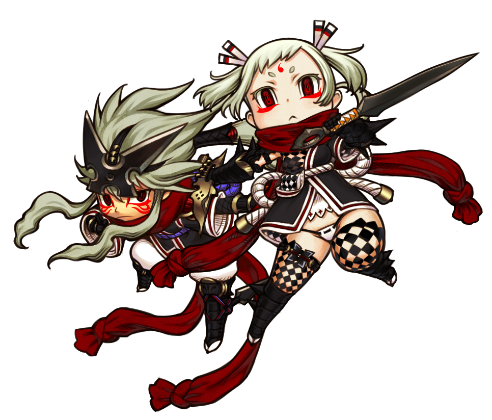 1boy 1girl black_gloves checkered checkered_legwear chibi closed_mouth dagger dual_wielding facial_mark gloves hair_between_eyes holding holding_dagger holding_weapon kaieda_hiroshi long_hair original red_eyes red_scarf scarf short_eyebrows thigh-highs transparent_background twintails weapon