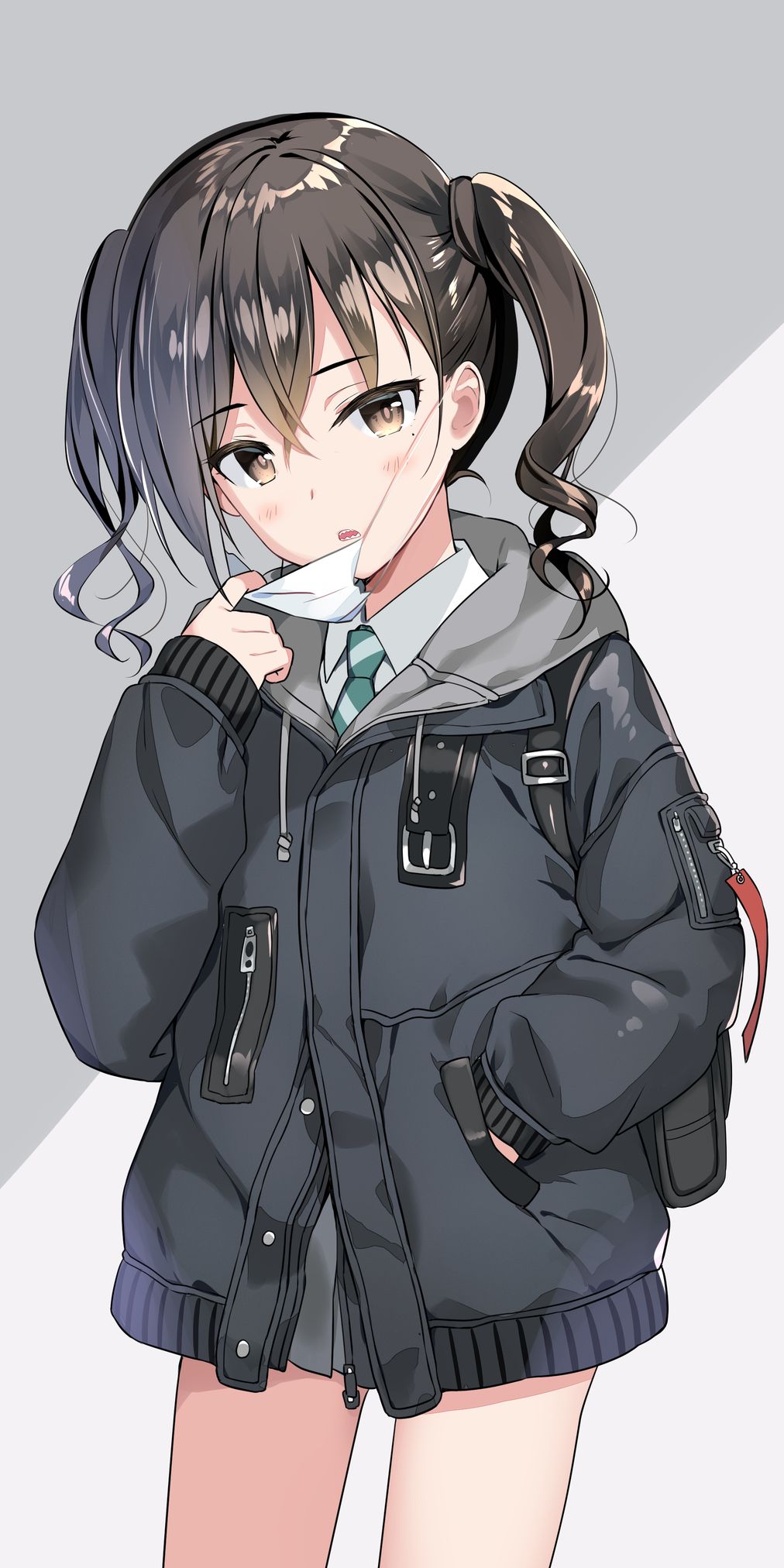 1girl bangs black_jacket blush brown_eyes brown_hair collared_shirt commentary_request cowboy_shot drawstring eyebrows_visible_through_hair green_neckwear grey_skirt hair_between_eyes hand_in_pocket hand_up head_tilt highres hood hood_down hooded_jacket idolmaster idolmaster_cinderella_girls jacket long_hair long_sleeves looking_at_viewer mask_pull miniskirt mole mole_under_eye necktie open_mouth parka parted_lips pleated_skirt rei_(rei's_room) sharp_teeth shirt skirt sleeves_past_wrists solo standing striped striped_neckwear sunazuka_akira surgical_mask teeth twintails wavy_hair white_shirt