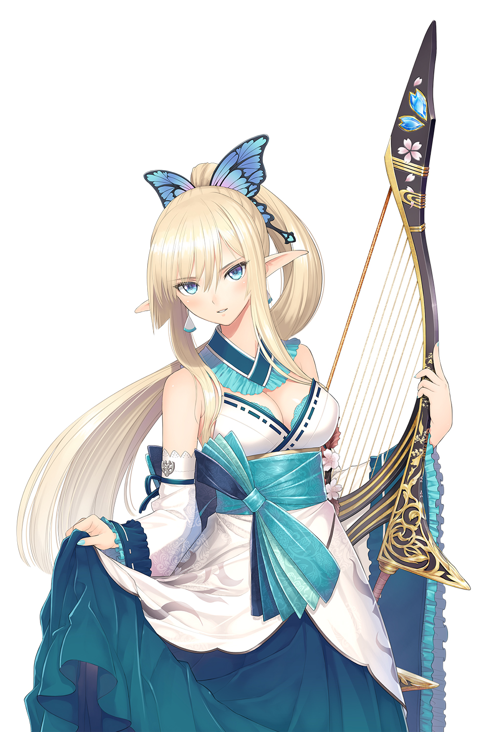 1girl aqua_nails bangs bare_shoulders blonde_hair blue_eyes blue_ribbon bow_(weapon) breasts butterfly_hair_ornament cleavage collar detached_collar detached_sleeves earrings eyebrows_visible_through_hair fingernails frilled_shirt_collar frilled_sleeves frills hair_between_eyes hair_ornament highres holding holding_skirt holding_weapon japanese_clothes jewelry kirika_towa_alma long_hair looking_at_viewer medium_breasts nail_polish obi official_art parted_lips pointy_ears ponytail ribbon sash shining_(series) shining_resonance shiny shiny_hair shiny_skin sidelocks simple_background smile solo strapless tanaka_takayuki weapon white_background wide_sleeves