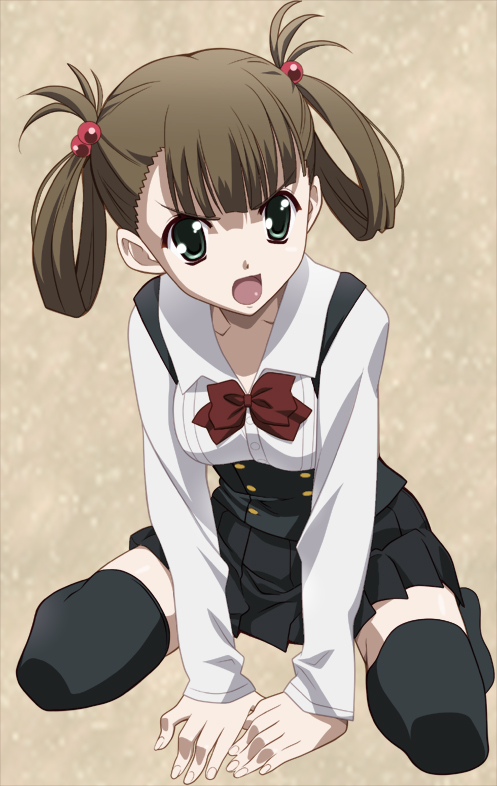 1girl bangs between_legs black_legwear black_skirt breasts brown_hair collarbone dress_shirt green_eyes grey_background hair_bobbles hair_ornament hand_between_legs kneeling kuroda_hikari long_hair long_sleeves miniskirt nyoro_(nyoronyoro000) open_mouth pleated_skirt red_neckwear school_days school_uniform shirt skirt small_breasts solo thigh-highs tied_hair v-shaped_eyebrows white_shirt zettai_ryouiki